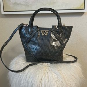 Kelly Wynne Cheers to Me Mini tote crossbody in grey iridescent snakeskin